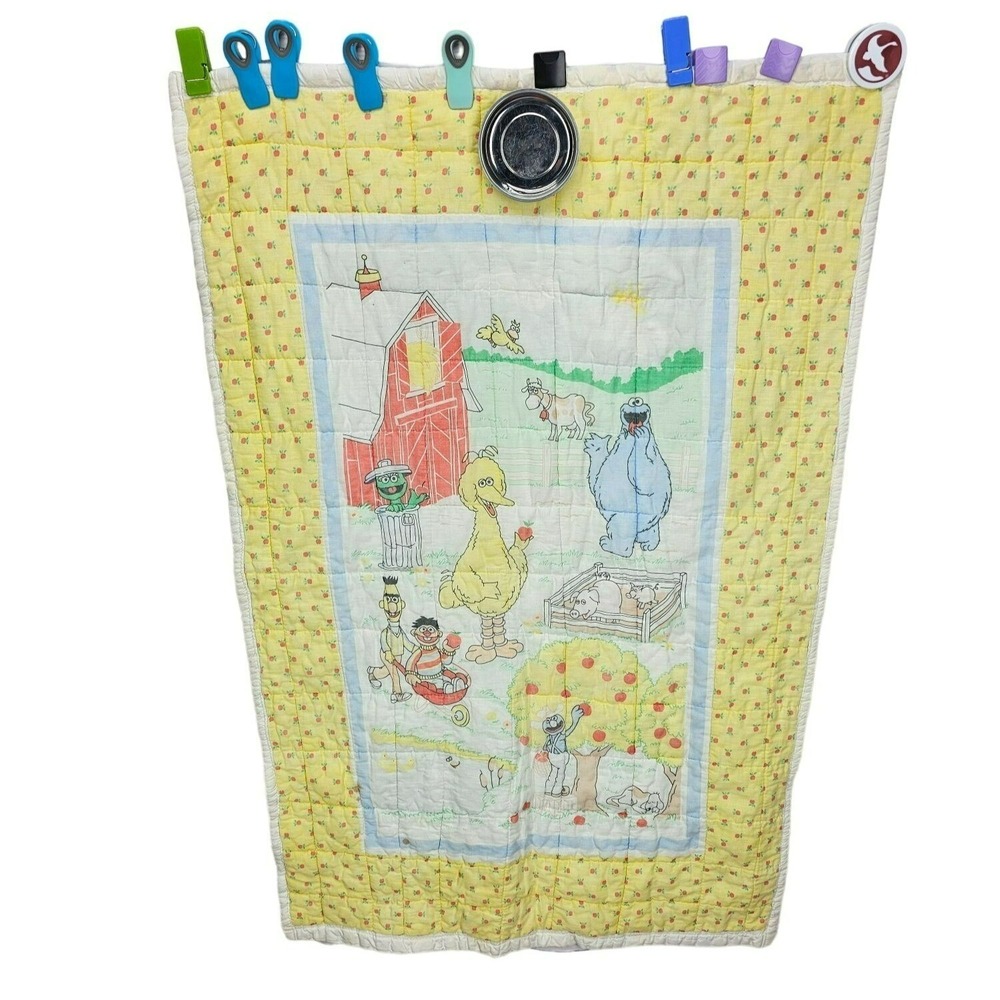 Vintage Sesame Street crib Quilt 42x32 Handmade Farm Theme Yellow Floral edging,